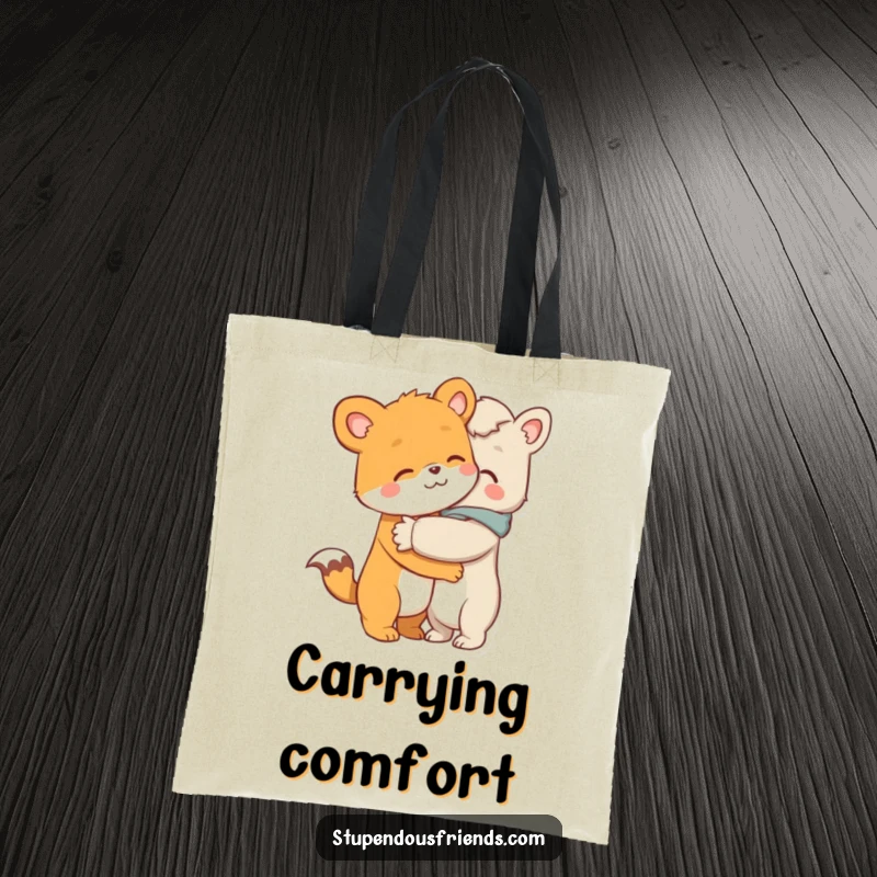 Funny tote bag featuring an animal character giving a warm, comforting hug to another, symbolizing love and support on the go.