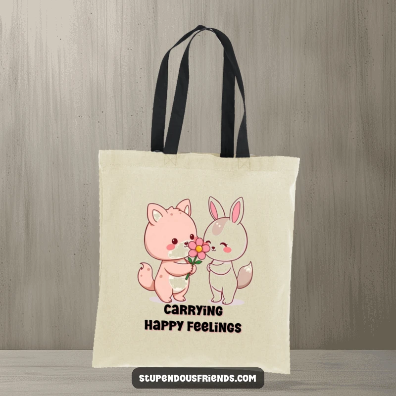 Funny Kawaii animal character offering a flower on a durable tote bag, a humorous and sweet accessory for gifting occasions.
