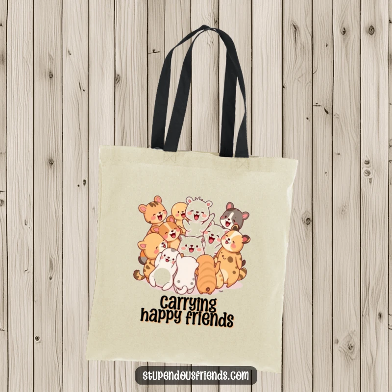 Funny Tote Bag: A group of happy animals are gathered in a circle, cheering and laughing together in a festive mood.