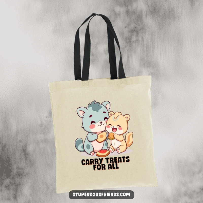 Funny Tote Bag with animal characters sharing food, a humorous and practical accessory promoting friendship and the joy of giving.