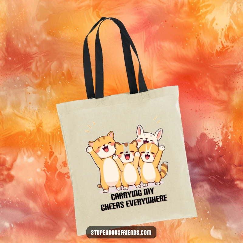 Funny tote bag with a design of excited animals raising paws and making supportive gestures, perfect for carrying essentials.