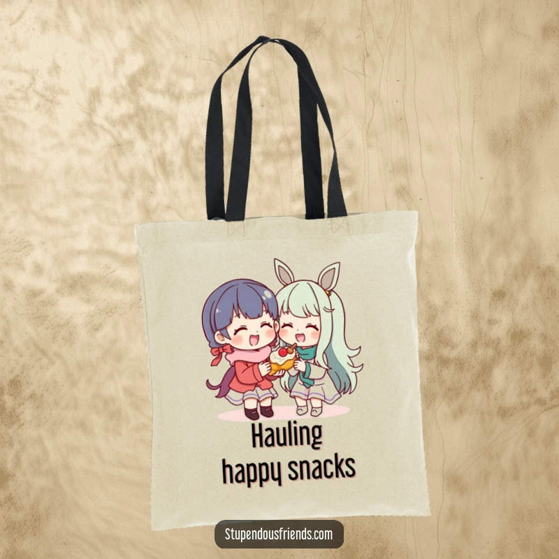 Funny Tote Bag: A character shares a delicious treat with a happy friend. This practical and funny tote celebrates generosity.
