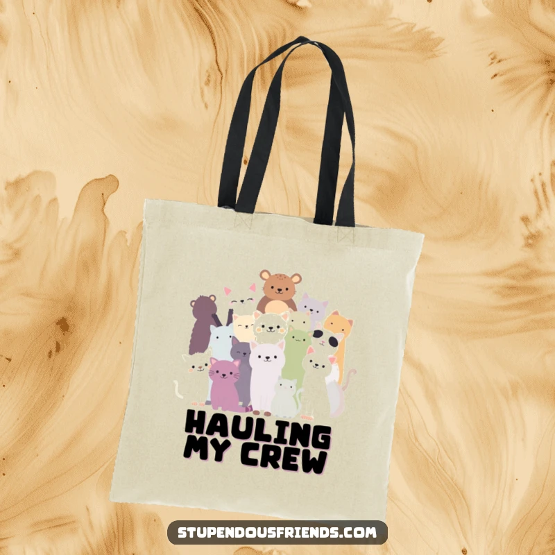 Funny tote bag with diverse animal silhouettes forming a happy huddle, symbolizing togetherness and shared purpose.