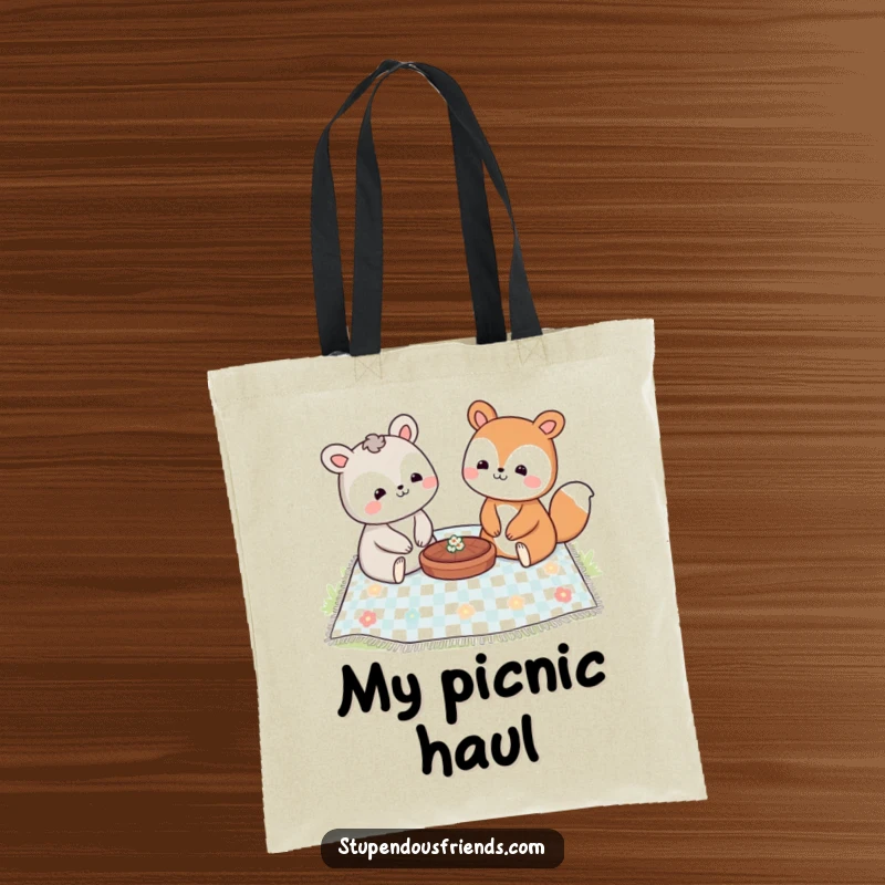 Funny tote bag depicting two happy animal characters sharing a picnic basket and blanket, smiling with delight.