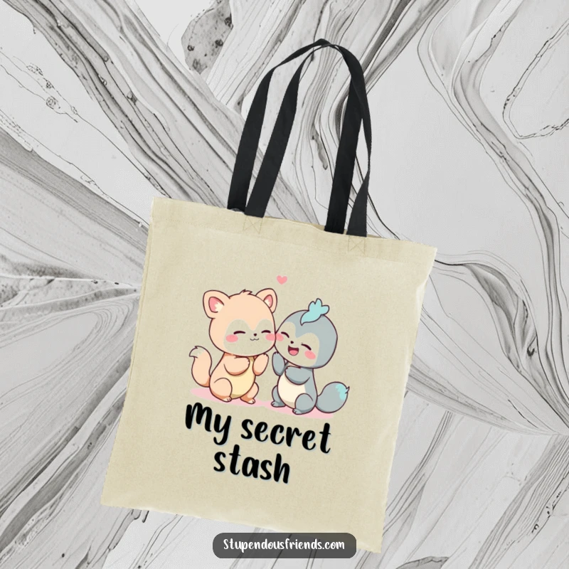 Funny tote bag depicting two animals sharing a secret and giggling, ready for everyday adventures.
