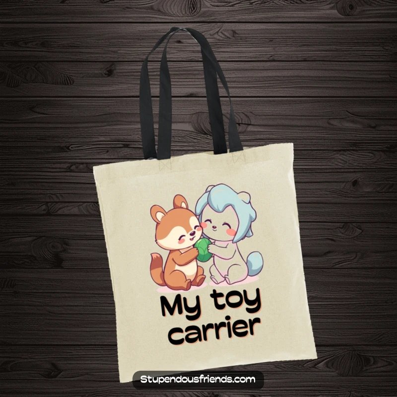 Funny sharing animal tote bag showing a cute creature playfully sharing a toy, perfect for carrying kindness and necessities.