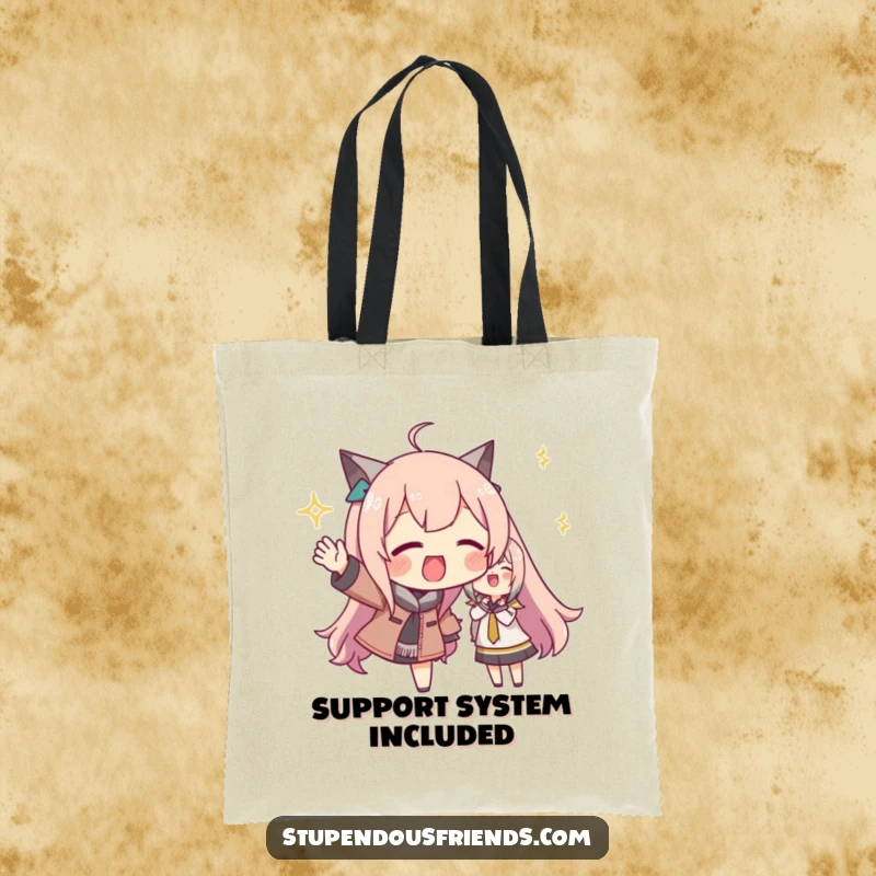 Funny tote bag with a character excitedly cheering and gesturing support, perfect for carrying daily items while radiating positive and encouraging vibes.